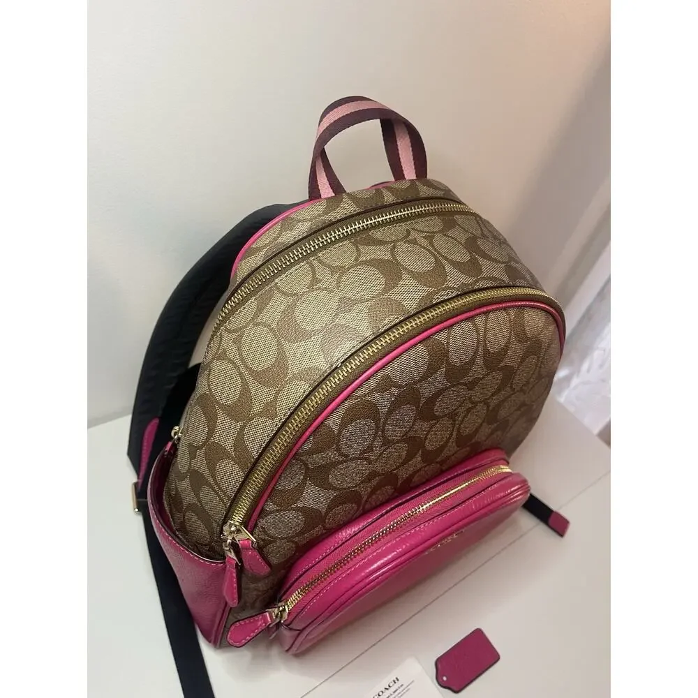 Coach Court Backpack In Signature Canvas With Bold Pink Refined Pebble Leather